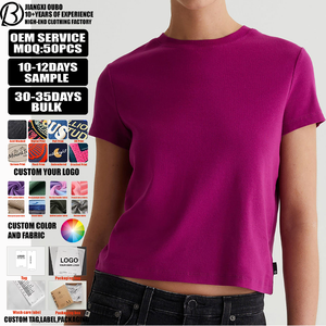 T-shirt girocollo cropped personalizzata da <span class=keywords><strong>donna</strong></span>, rosa <span class=keywords><strong>fucsia</strong></span>, in tessuto ecologico a costine, servizio di stampa OEM/ODM - Product Image 1