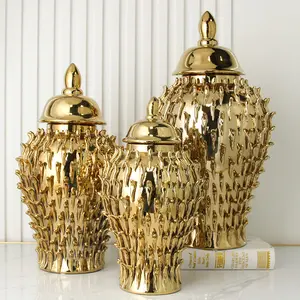 J234 komik tasarım durian şekli lüks kavanoz setleri seramik altın zencefil kavanoz vazo ev dekor toptan
