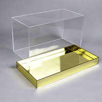 Boîte de présentation en acrylique transparente personnalisée pour mariage, vente en gros, avec base miroir dorée pour gâteau, rose ou fleur