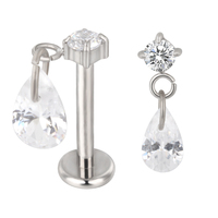 Anting Titanium Grade Implan Grosir dengan CZ Bentuk Tetesan Air Mata dan CZ Menggantung, Perhiasan Tindik Labret Berulir Internal