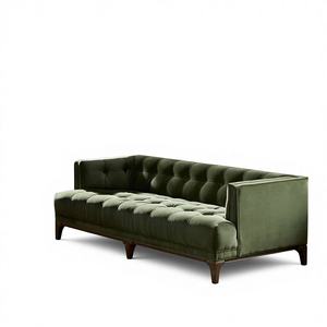 Canapé trois places en velours style rétro <span class=keywords><strong>français</strong></span> pour salon, avec boutons capitonnés, mousse haute densité, garantie 3 ans, aspect vieilli vintage, structure solide - Product Image 1