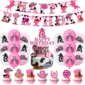 Nouveau rose Western Cowboy thème scène mise en page assiette en <span class=keywords><strong>papier</strong></span> jetable <span class=keywords><strong>serviette</strong></span> en <span class=keywords><strong>papier</strong></span> nappe drapeau fête vaisselle ensemble - Product Image 2