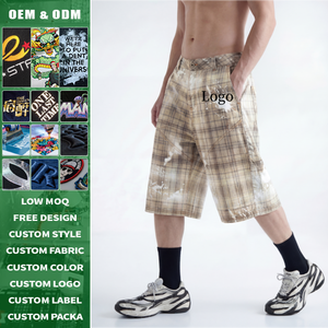 Vintage Slim Fit Distressed Plaid Print Curved Hem <b>Knee</b> Length Pants Men Casual Breathable Fabric OEM Service - Product Image 2