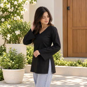 Blusa Étnica Negra de Manga Larga con Cuello en V para Mujer, Corte Holgado, Algodón, Estilo Informal, Estilo India Pakistán, para Todas las Temporadas - Product Image 1