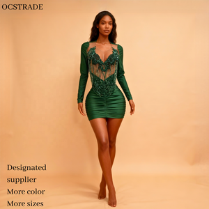 Ocstrade Lüks Avrupa Yeşil Kristal Taşlı Püsküllü Mini Parti Elbiseleri 2025 Kadın Seksi Nefes Alabilen Uzun Kollu Parti Elbisesi - Product Image 1
