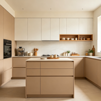 Ensemble d'armoires de cuisine HNSJ modernes, personnalisées, durables, écologiques, style Japandi, sans poignées, avec comptoir en contreplaqué, étagère ouverte, îlot de cuisine