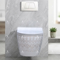 WC mural en céramique sans bride à motif géométrique doré de luxe, avec abattant UF à fermeture douce, pour salle de bain de villa moderne