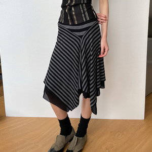 Falda midi vintage de cintura baja con rayas y malla, diseño irregular en el bajo, corte ajustado, elegante y casual. - Product Image 2