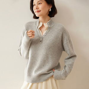 Pull en cachemire à col Henry pour femme, OEM/ODM, ample, décontracté, polyvalent, en laine tricotée de qualité supérieure, logo personnalisé - Product Image 4