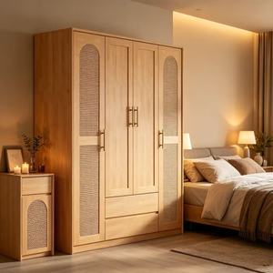 Armoire en bois massif de chêne clair de qualité supérieure à 2 portes avec 2 tiroirs, organisateur de chambre moderne minimaliste multifonctionnel - Product Image 3