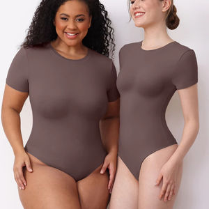 Women's One-Piece Short-Sleeved <b>Slim</b> 'n Lift Firm Control Breathable Seamless Nonwoven Misty Sensation Outerwear Thong Bodysuit - Product Image 1