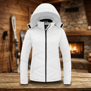 Blouson matelassé blanc à capuche pour homme, coupe-vent d'hiver avec fermeture éclair, col montant, garniture en fourrure de mouton en polyester recyclé, streetwear isolé - Product Image 2