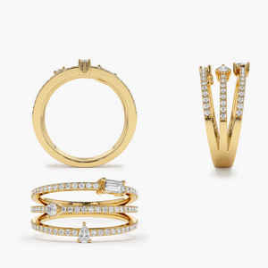 Anillo de Diamantes de Tres Filas en Oro de 14k, Oro Sólido Amarillo, Blanco y Rosa, Chapado en Rodio, 0.46 CT, Diamantes Naturales Unisex - Product Image 4