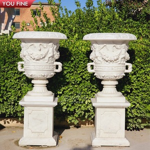 YOUFINE Paire de pots à fleurs en marbre <span class=keywords><strong>blanc</strong></span> sculptés à la main avec un relief floral, jardinière en pierre avec piédestal carré pour la décoration de la villa, du jardin ou de la porte - Product Image 5