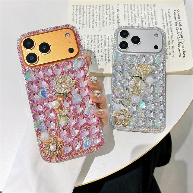 Luxury Glitter Diamond Rose Flowers Pc Mobile Phone Case for iPhone 17 Air 16 Pro 15 Max Bling Rainbow Drill Tpu DIY Back Cover