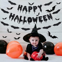 Noir paillettes joyeux Halloween bannière chauve-souris bannière et 12 pièces chauve-souris stickers muraux fenêtre autocollants Halloween décor