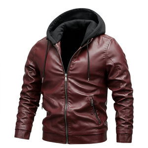 Moto Biker Style Hoodie Windproof PU Leather Sweatshirt Zip Front Hooded <b>Jacket</b> Regular Fit Autumn Solid Color - Product Image 1