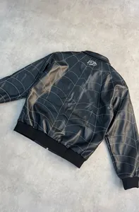 Custom Leather Y2K Grunge Cobweb Emblem Web Stitch Stripe Sleeve <b>Zip</b> <b>Up</b> <b>Jacket</b> for Men Clothing Manufacturer - Product Image 3
