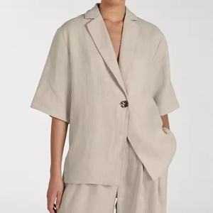 Nouvel ensemble en lin pour femme : veste ample à revers et pantalon droit décontracté à taille élastique – Collection automne de haute qualité - Product Image 3