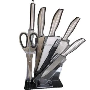 Mutfak paslanmaz çelik doğrama bıçağı 7.5 "şef bıçağı makas bileme çubuğu blok akrilik tutucu ile 7 parça Metal bıçak seti