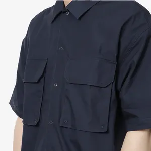 Mens Black Work Shirts Single Button Up Nylon Short Sleeve Shirts With Pockets