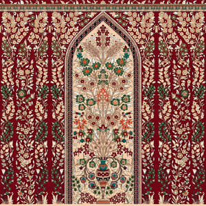 Muslim <b>Prayer</b> <b>Mat</b> Rectangle Floral Pattern Cream Red Green Border Decorative Design Non Slip Backing 27x45 Inches - Product Image 1