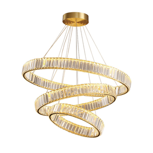 Lustre moderne en cristal à LED pour <span class=keywords><strong>salle</strong></span> à <span class=keywords><strong>manger</strong></span>, luminaires suspendus contemporains à 3 anneaux, réglables, en cuivre, avec télécommande - Product Image 1