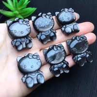 Hello kitty-figuras de animales curativas de Gema Natural, figuritas de dibujos animados de alta calidad, plata, sheen obsidian, joyería hecha a mano