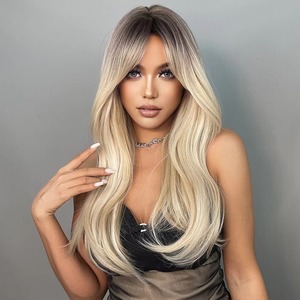 Perruques synthétiques longues et droites Ombré Brun Blond avec frange, perruque de cosplay pour femmes, cheveux naturels résistants à la chaleur - Product Image 4