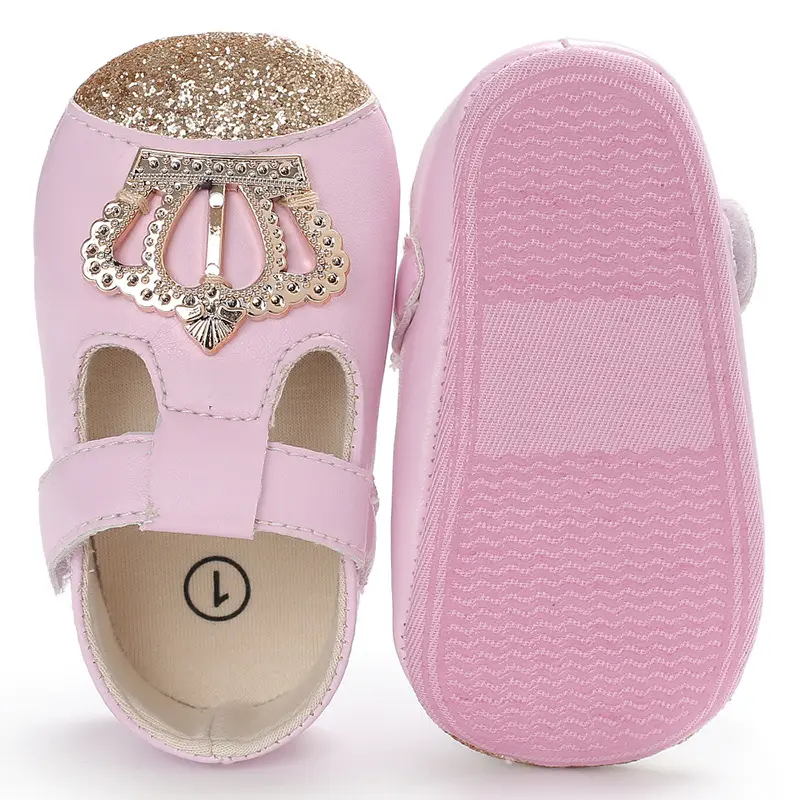 Zapatos de bebé nuevos zapatos Rosa corona de princesa zapatos de chica de bebé de algodón PU cuero Mary Jane recién nacido en primer lugar los caminantes zapatos para las niñas