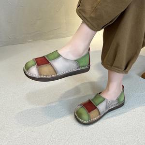 Chaussures plates rétro en patchwork de couleurs contrastées, chaussures plates en cuir véritable pour femmes, bout rond, semelle souple, chaussures simples pour femmes - Product Image 4