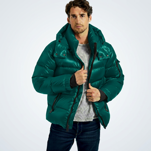 Men's Green Hooded Puffer <b>Jacket</b> Windproof Thick Polyester Winter Casual Coat <b>With</b> <b>Zipper</b> Closure Regular Fit - Product Image 1