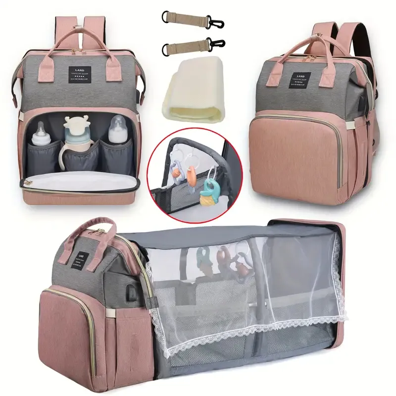 Özel su geçirmez USB şarj portu mumya çanta bebek karyolası güneşlik bebek bezi çantası sırt çantası değiştirme istasyonu