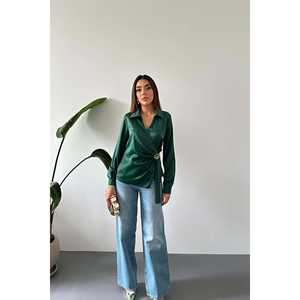 Blusa de Satén con Detalle de Botones Esmeralda, Estilo Vintage a Cuadros, Sólida, Formal para Uso Diario, Primavera, Verano, Otoño, Talla XL, con Encaje para Oficina - Product Image 3