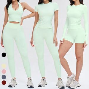 Completo Sportivo Senza Cuciture da <span class=keywords><strong>Donna</strong></span>, Top Halter con Maniche Lunghe, Maglietta da Palestra con Fori per i Pollici, Pantaloncini Yoga con Effetto Push-Up, Set Yoga - Product Image 3