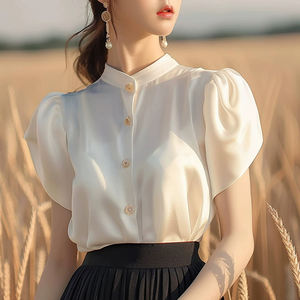 Droma, recién llegado, <span class=keywords><strong>blusa</strong></span> de manga corta hinchada de satén blanco informal francés, blusas y camisas para mujer, blusas de moda - Product Image 2