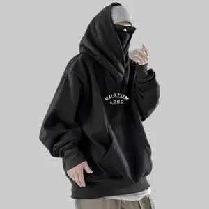 Tengcai hoodie kerah tinggi musim gugur musim dingin, masker wajah longgar nyaman Hiphop streetwear bulu domba bertudung ukuran besar