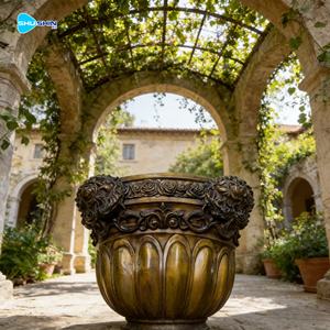 Maceta Clásica de Bronce Antiguo con Relieve, Urna Grande Personalizada con Figura Romana y Cabeza de León para Jardín - Product Image 2
