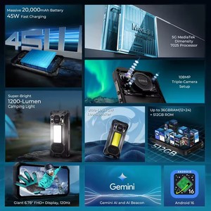 OUKITEL WP61 โทรศัพท์มือถือสุดแกร่ง 5G แบตเตอรี่ 20000mAh หน้าจอ HD+ ขนาด 6.78 นิ้ว หน่วยความจำ 36GB(12+24)+512GB ROM กล้อง 108MP ระบบปฏิบัติการ Android 16 รองรับ NFC - Product Image 2