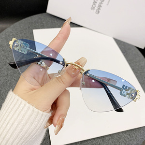 <b>Frameless</b> Cat Eye Sunglasses For Women Gold Metal <b>Frame</b> PC Lens UV400 Light Weight Fashion Sunshades - Product Image 3