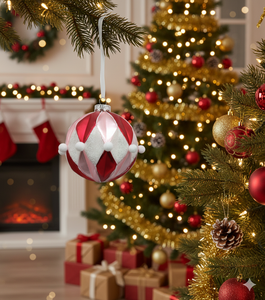 Boule de Noël rouge rose à motif losanges scintillants, ornement suspendu à motif losanges diamantés pour la décoration de l'arbre de Noël et de la maison - Product Image 2