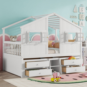 White Solid Wood Children's House Bed With <b>Drawers</b> <b>Storage</b> Bedroom Furniture For Kids - Product Image 3
