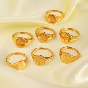 Minos New Fashion Signet Ring Stainless Steel 18k Gold Plated Custom Logo Ring Unisex Non Tarnish 7 Designs Flower Ring
