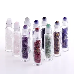 10ml Roll On Bottle With Gemstone Roller ball Crystal Chips Inside Glass Roller Bottles Essential Oil Sample Bottles
