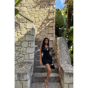 Black Elegent Mini <b>Dress</b> with Ruffle Detail Square Collar A-Line Feature Translucent Fashionable for Day <b>Club</b> XS to XL Sizes - Product Image 2