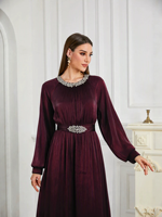 Robe Abaya Musulmane Élégante en Satin Polyester Brillant, Ornée de Strass, Manches Longues, Robe de Soirée Maxi, Ceinture en Strass pour Femmes