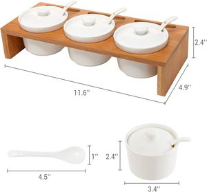 Set di 3 Ciotole in <span class=keywords><strong>Ceramica</strong></span> per Condimenti con Portaspezie in Bambù Premium con Coperchio e Cucchiaio - Product Image 2