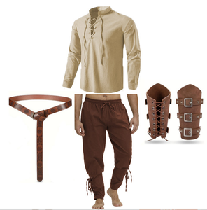 4Pcs/set Halloween Vintage Men's Renaissance Costume Set Medieval Pirate Shirt Ankle Banded Pants Belt Accessories <strong>Outfit</strong> - Product Image 1