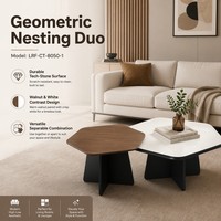 Ensemble de tables basses gigognes pour salon, design moderne géométrique octogonal et hexagonal, en noyer et panneaux de pierre technologique blanche, livraison directe