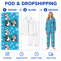 Pyjama personnalisé en polyester bleu ciel avec col cranté et motif pingouin pour femme, collection Noël, livraison directe (POD), MOQ 1 pièce
